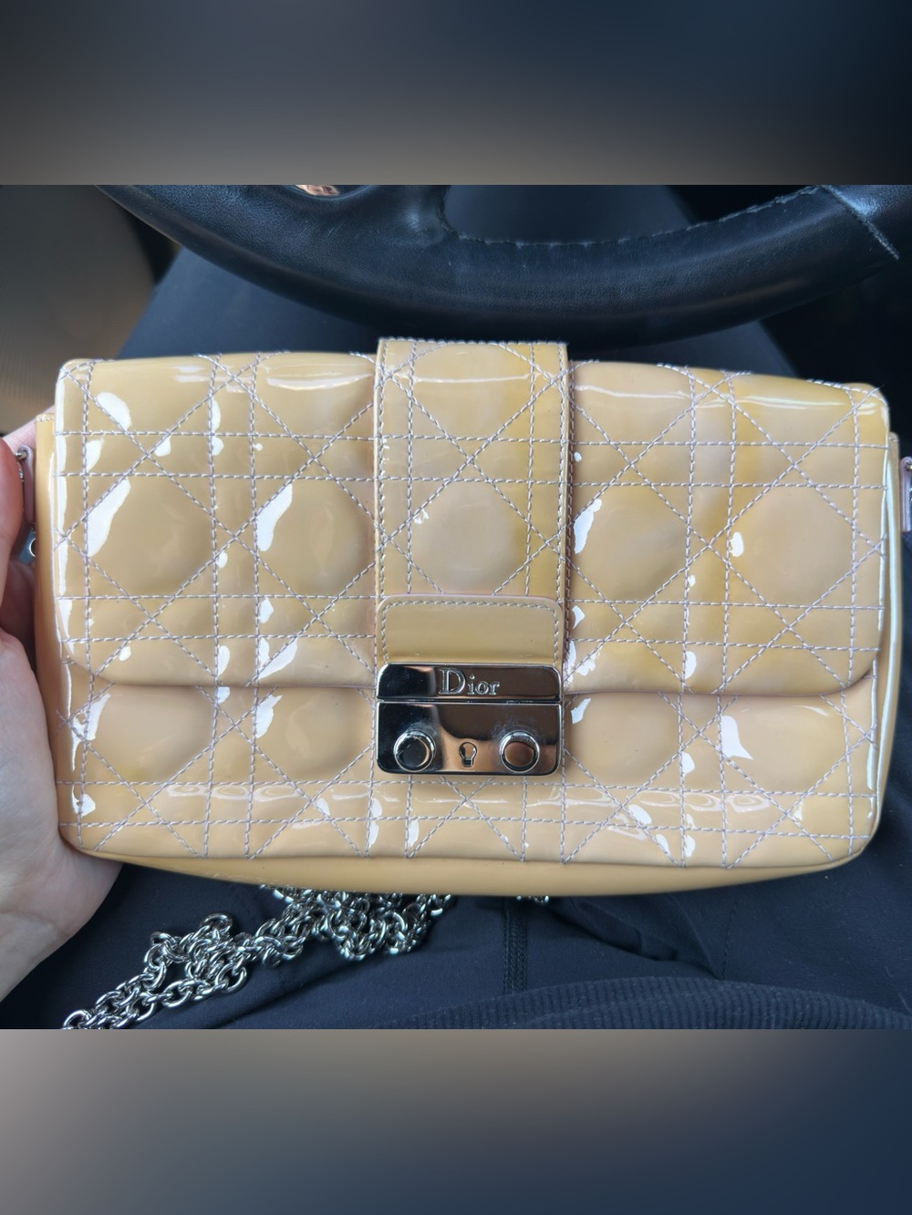 Dior Patent Quilted Clutch in Light Beige